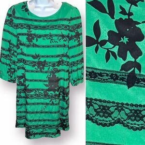Uncle Frank Satin Floral Shift Dress Stripe Lace Trim Green Black S